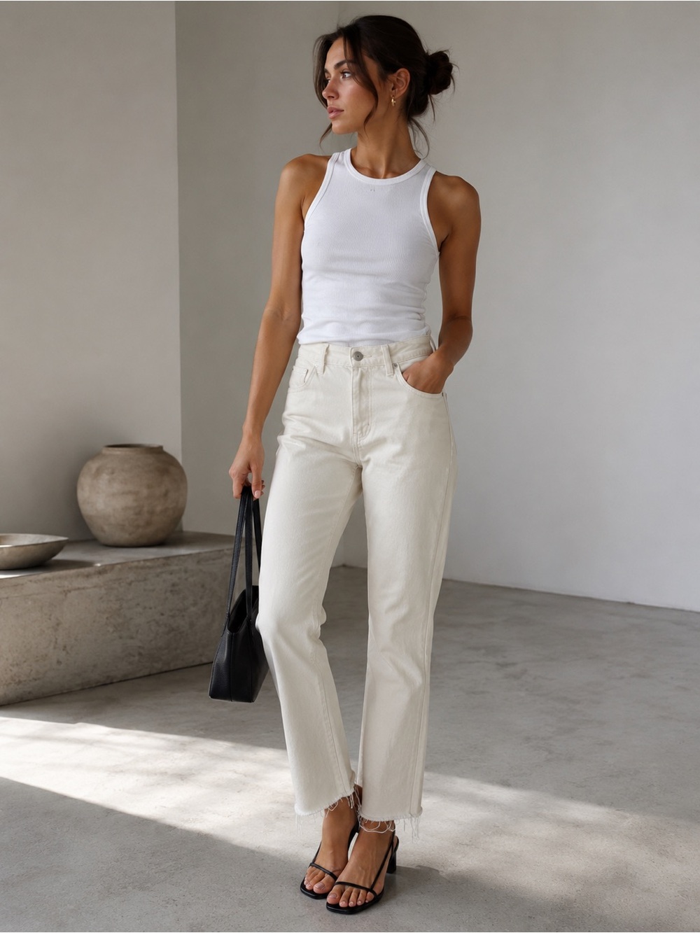 Zara Cream Raw Hem Straight Leg Jeans US 2 EU 34